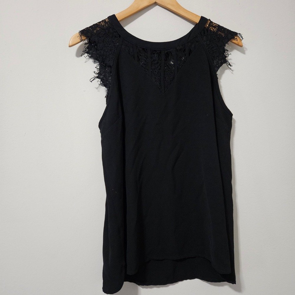 Brixon‎ Ivy Black Lace Trim Sleeveless Blouse Top Medium Crepe Eyelash Lace Yoke